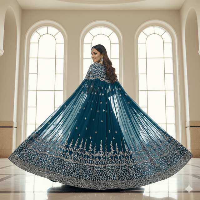 Teal Blue Georgette Cape-Lehenga Set - Image 4