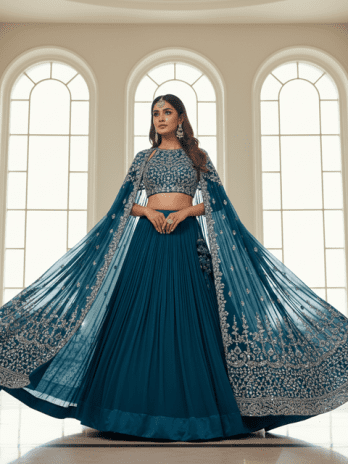 Teal Blue Georgette Cape-Lehenga Set