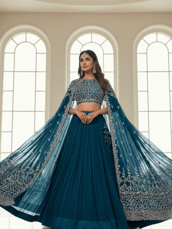 Teal Blue Georgette Cape-Lehenga Set