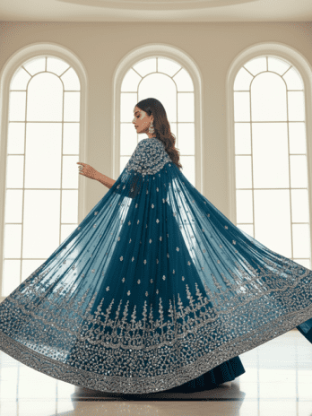 Teal Blue Georgette Cape-Lehenga Set