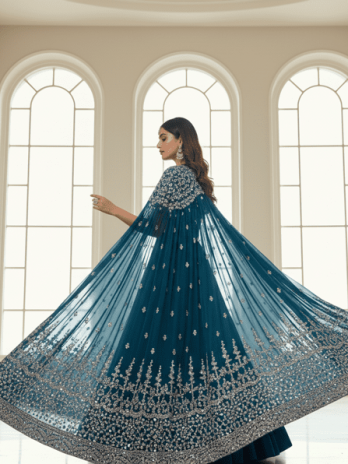 Teal Blue Georgette Cape-Lehenga Set