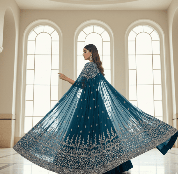 Teal Blue Georgette Cape-Lehenga Set - Image 2