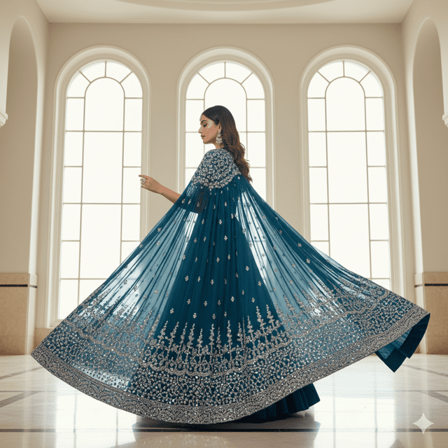 Teal Blue Georgette Cape-Lehenga Set - Image 2