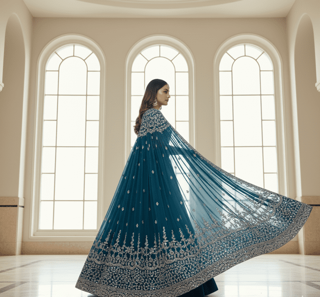 Teal Blue Georgette Cape-Lehenga Set - Image 3