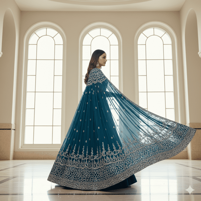 Teal Blue Georgette Cape-Lehenga Set - Image 3