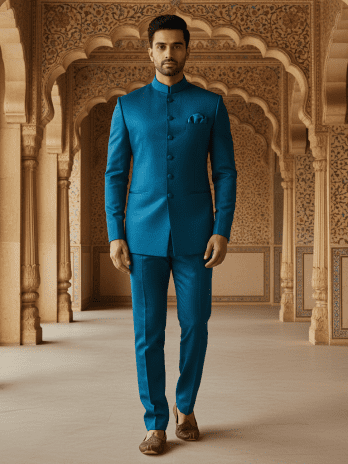 Teal Blue Silk Bandhgala Set