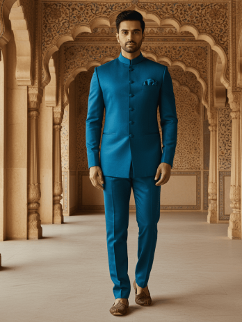 Teal Blue Silk Bandhgala Set