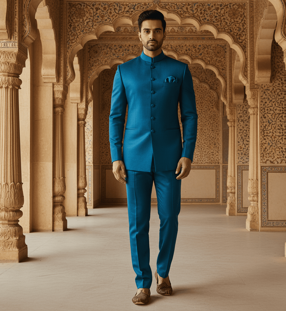 Teal Blue Silk Bandhgala Set