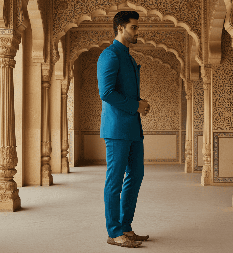 Teal Blue Silk Bandhgala Set - Image 3