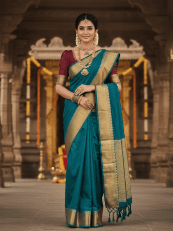 Teal Blue Zari Woven Temple Saree