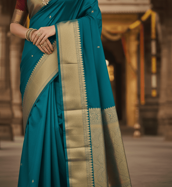Teal Blue Zari Woven Temple Saree - Image 3
