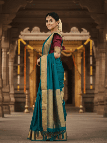 Teal Blue Zari Woven Temple Saree