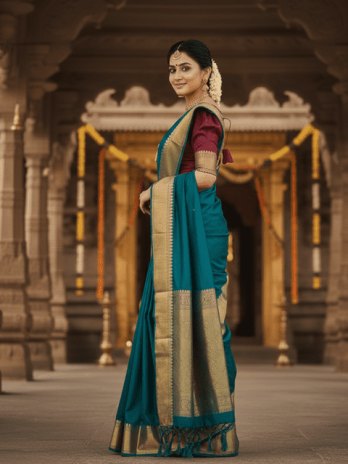 Teal Blue Zari Woven Temple Saree