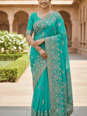 Turquoise Georgette Sequin Border Saree
