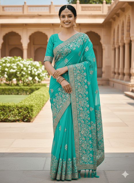 Turquoise Georgette Sequin Border Saree