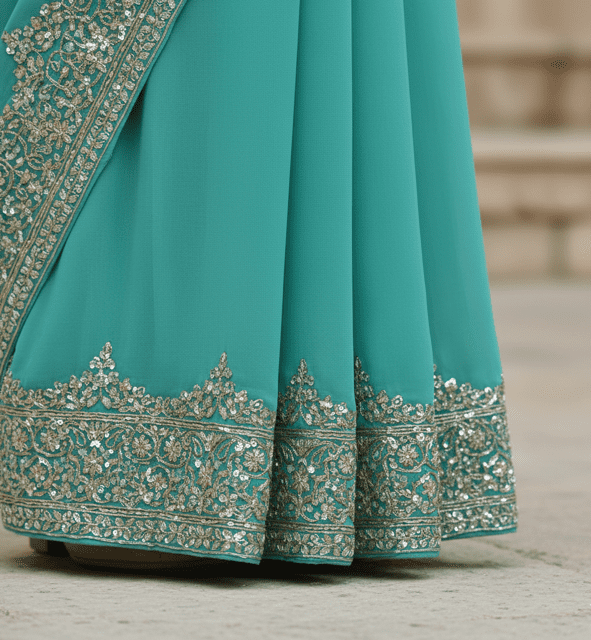 Turquoise Georgette Sequin Border Saree - Image 4