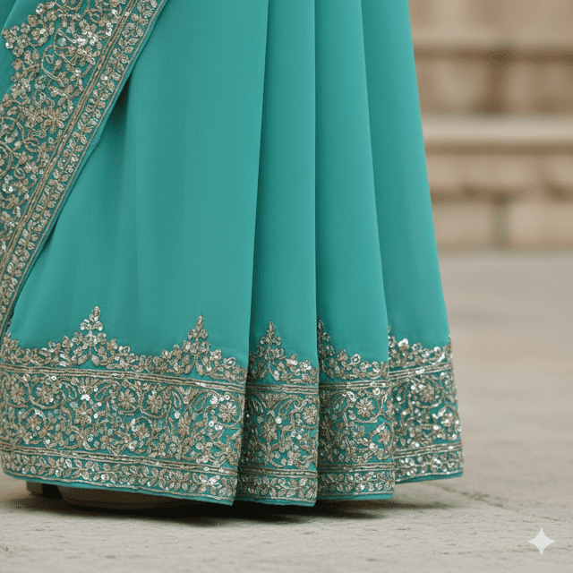 Turquoise Georgette Sequin Border Saree - Image 4