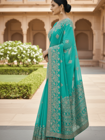 Turquoise Georgette Sequin Border Saree