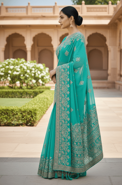 Turquoise Georgette Sequin Border Saree - Image 2
