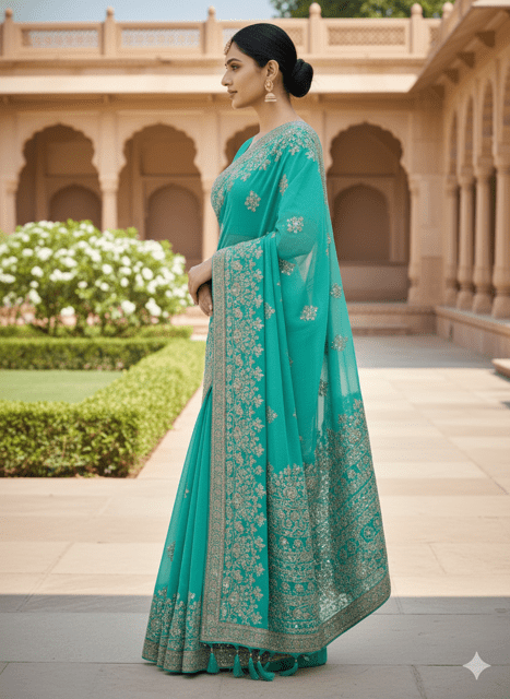 Turquoise Georgette Sequin Border Saree - Image 2