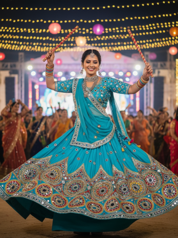 Turquoise Mirror Work Garba Lehenga