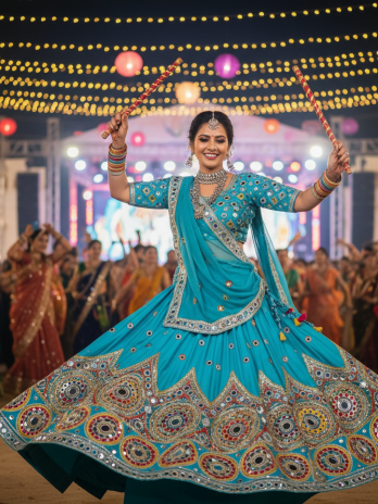 Turquoise Mirror Work Garba Lehenga