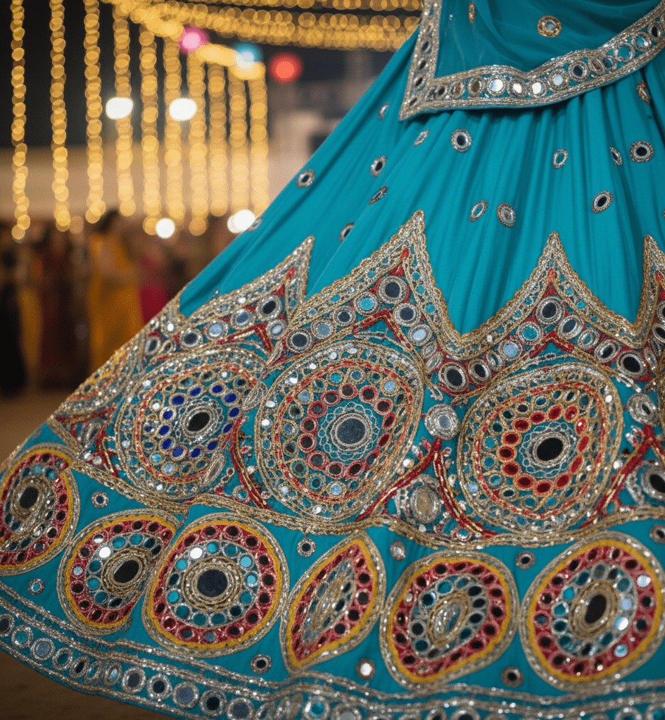Turquoise Mirror Work Garba Lehenga - Image 4