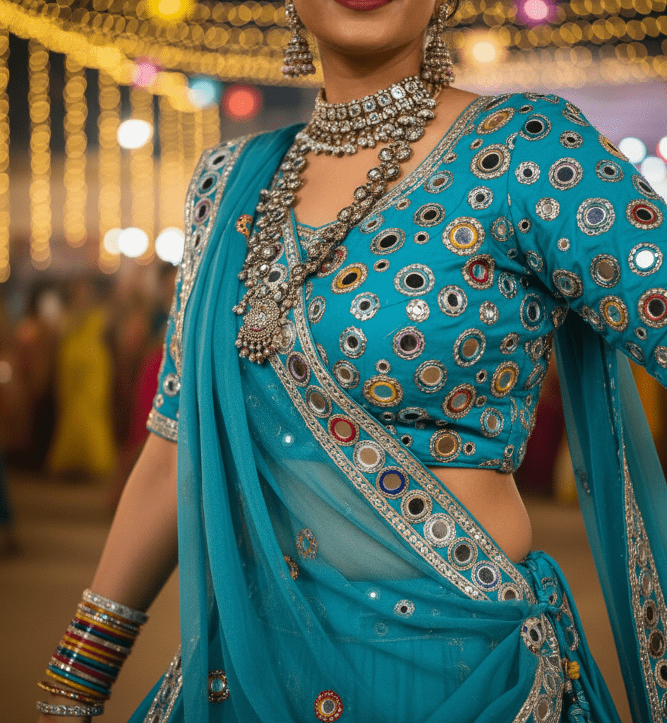 Turquoise Mirror Work Garba Lehenga - Image 3