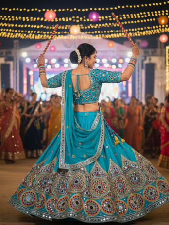 Turquoise Mirror Work Garba Lehenga