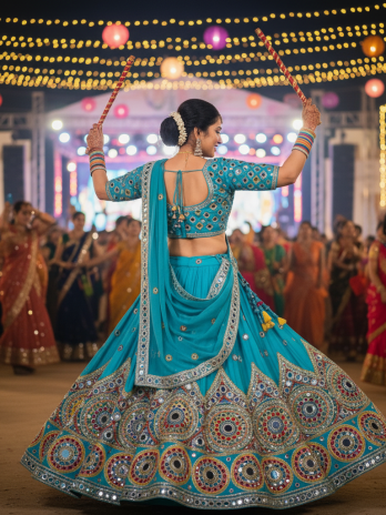 Turquoise Mirror Work Garba Lehenga