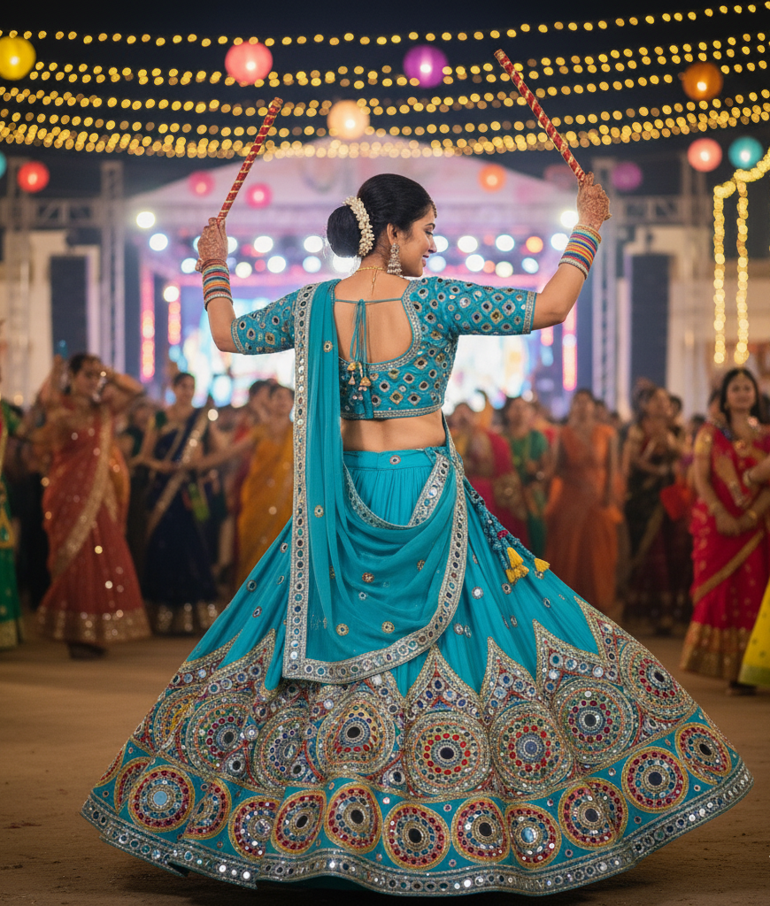 Turquoise Mirror Work Garba Lehenga - Image 2