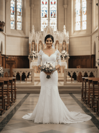 White Lace Cathedral Train Wedding Gown