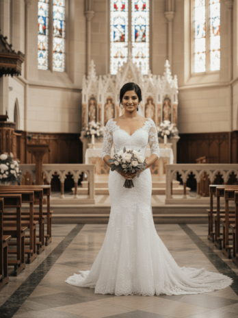 White Lace Cathedral Train Wedding Gown