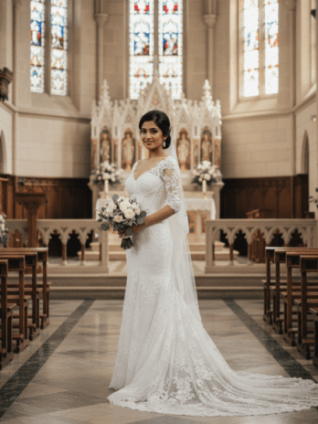 White Lace Cathedral Train Wedding Gown