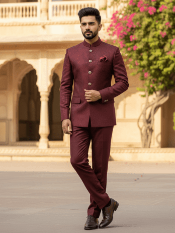 Wine Jacquard Jodhpuri Suit