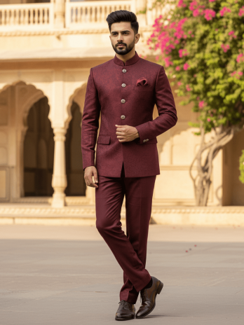 Wine Jacquard Jodhpuri Suit