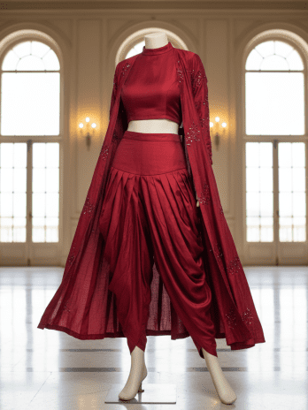 Wine Red Dhoti-Style Indo-Western Set