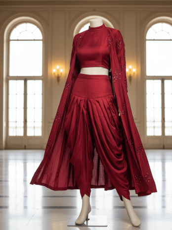 Wine Red Dhoti-Style Indo-Western Set