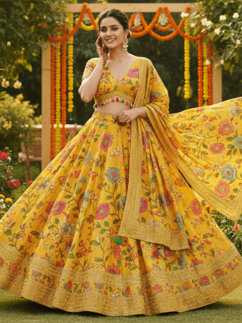 Yellow Floral Printed Mehendi Lehenga