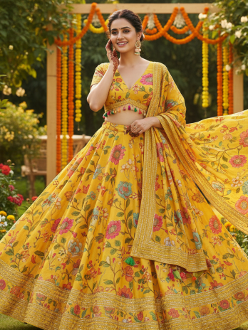 Yellow Floral Printed Mehendi Lehenga