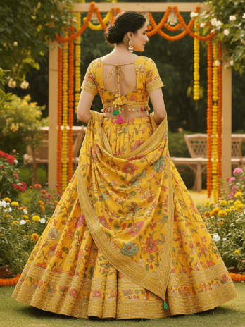 Yellow Floral Printed Mehendi Lehenga