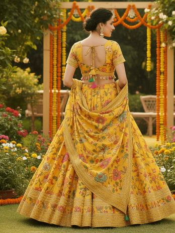 Yellow Floral Printed Mehendi Lehenga