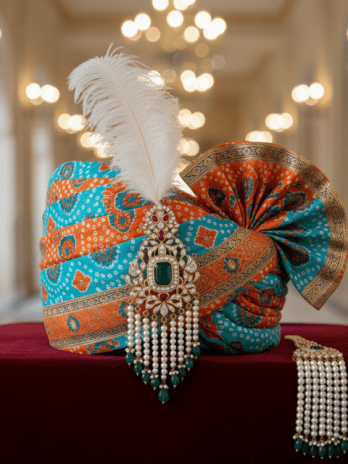 Orange-Teal Bandej coloured Pagadi Groom
