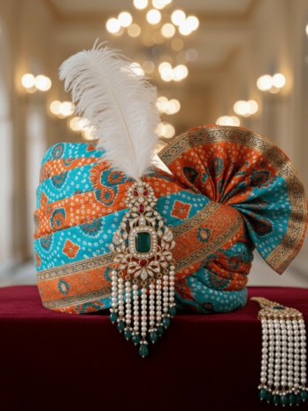 Orange-Teal Bandej coloured Pagadi Groom